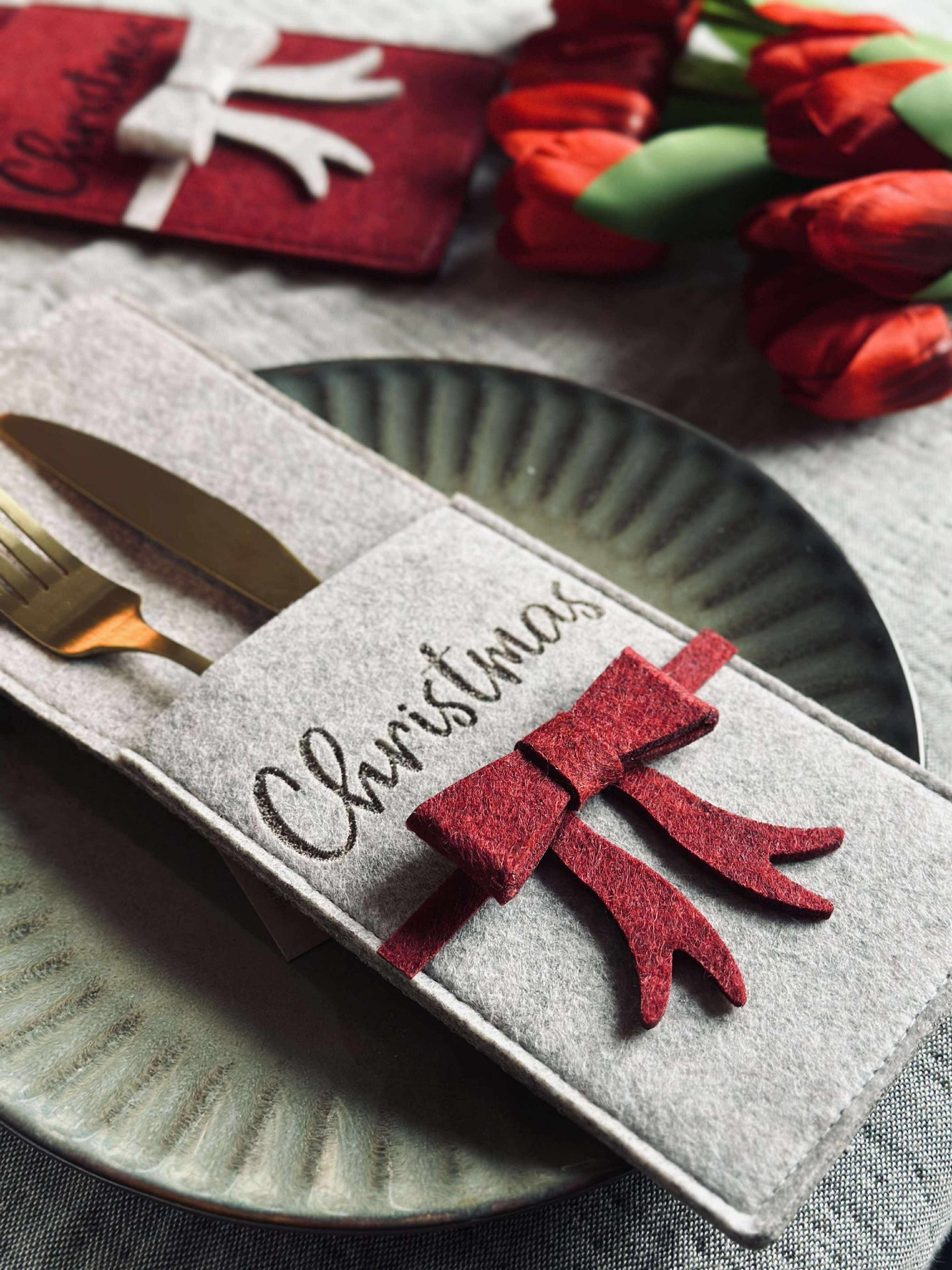 Bestickhållare med rosett - Beige 1 st.