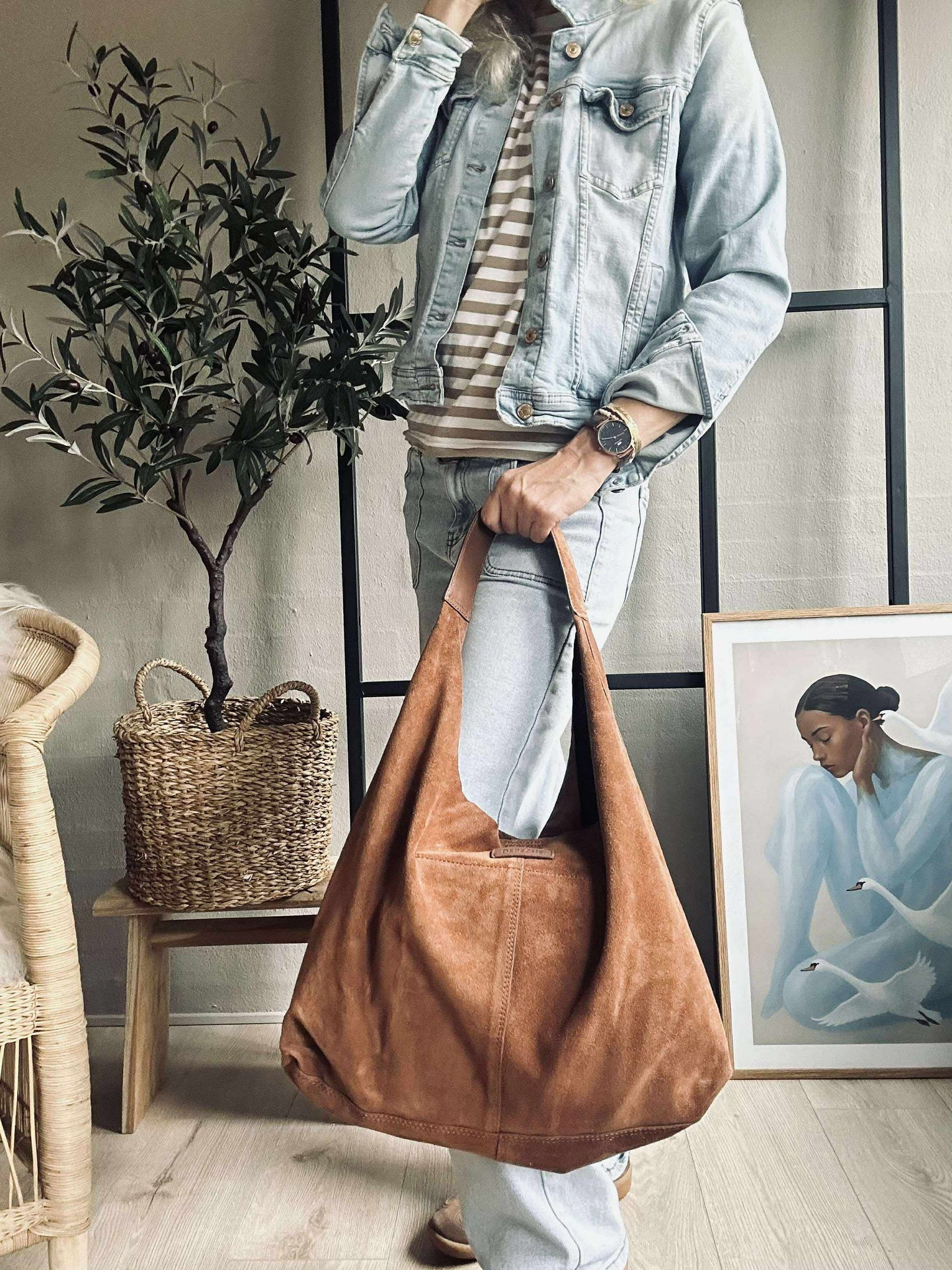 Shoppingväska i mjukt mocka - Cognac