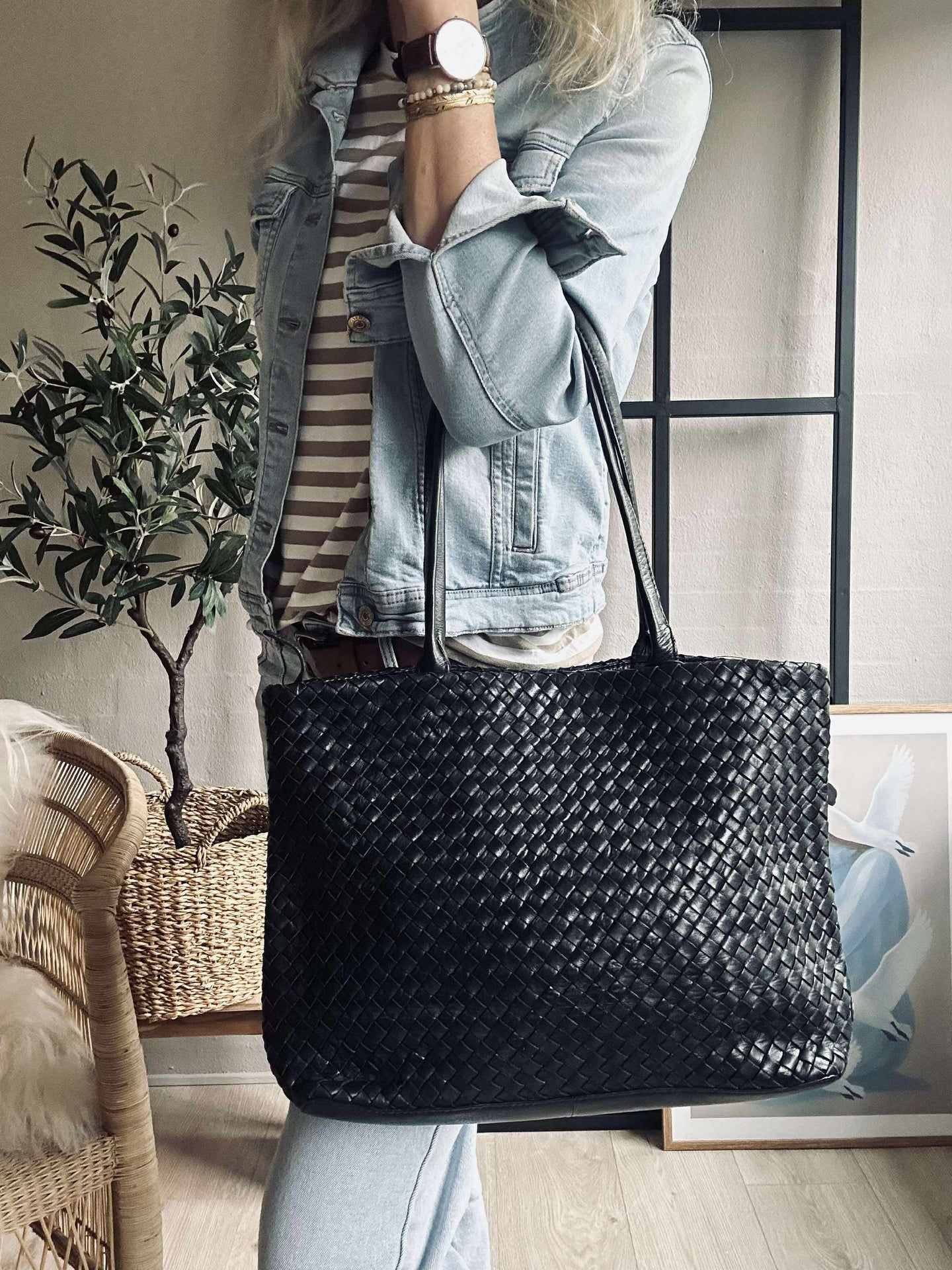 Shopper i flätat läder - Svart