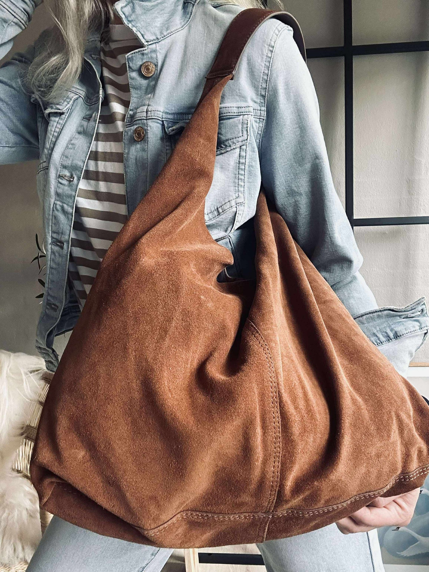 Shoppingväska i mjukt mocka - Cognac