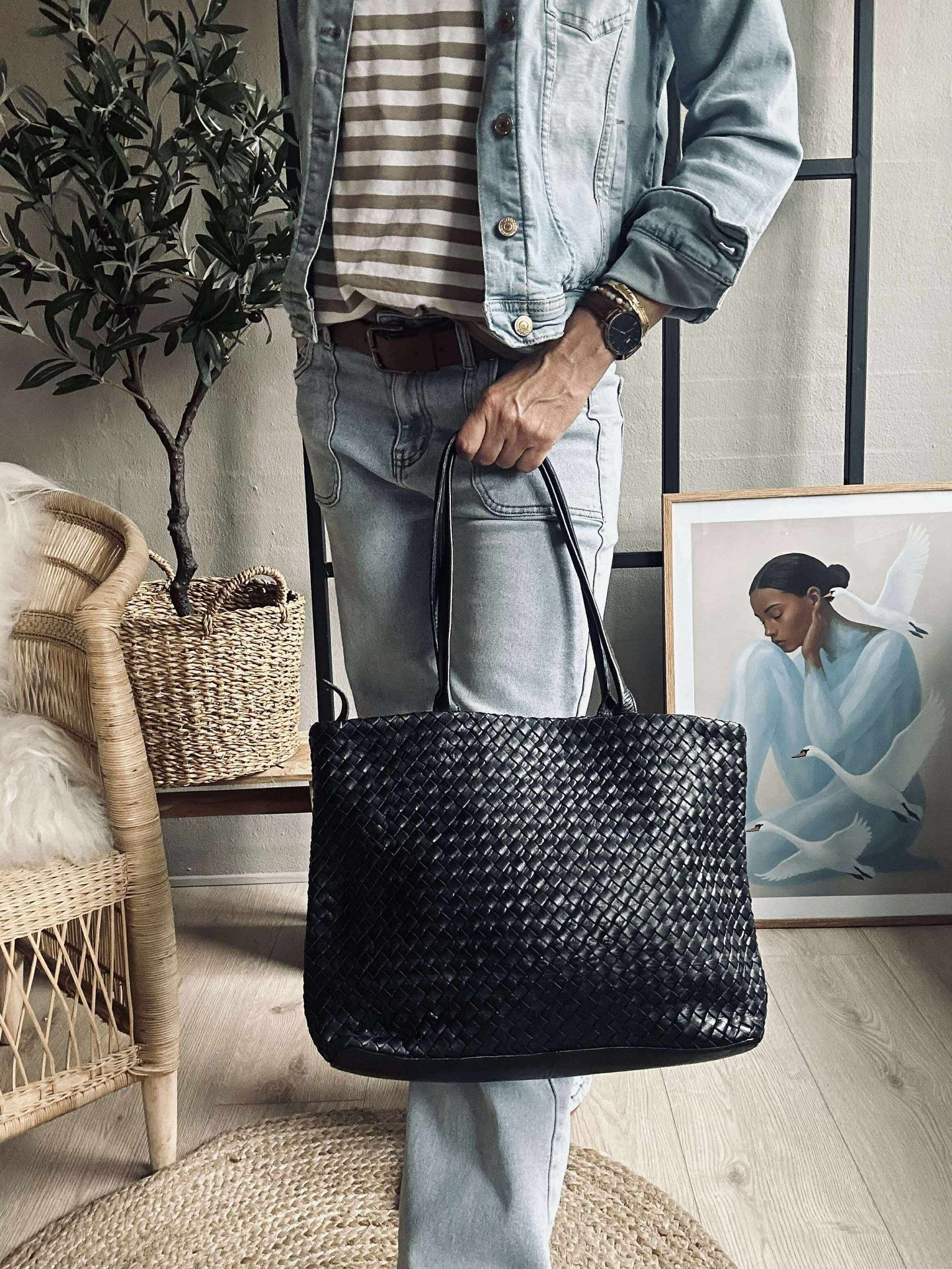 Shopper i flätat läder - Svart