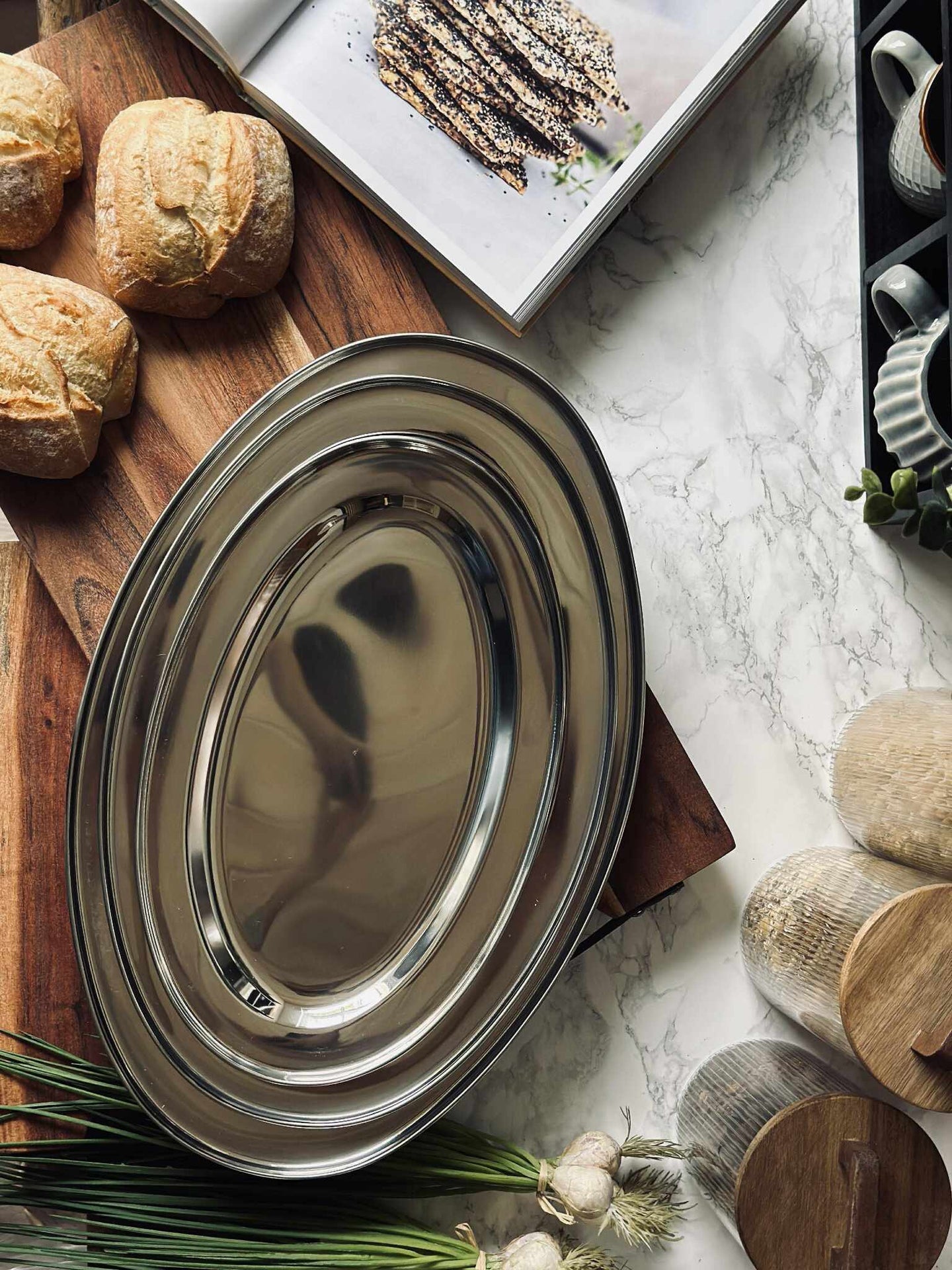 Ovalt fat Rostfritt Stål - Set med 3 st.