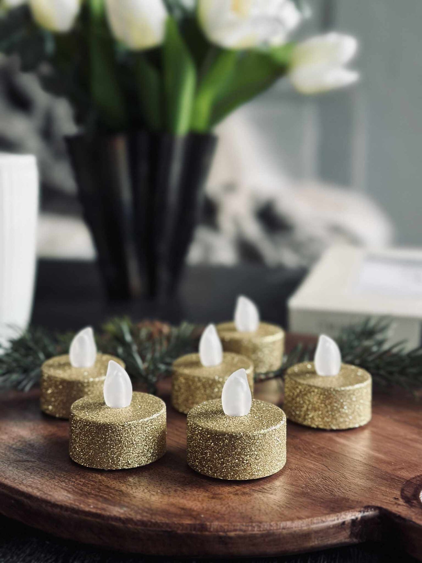 Värmeljus med LED - Guldglitter 6 st.