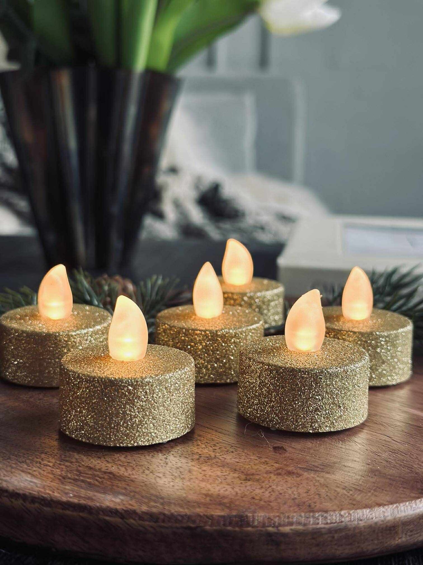 Värmeljus med LED - Guldglitter 6 st.