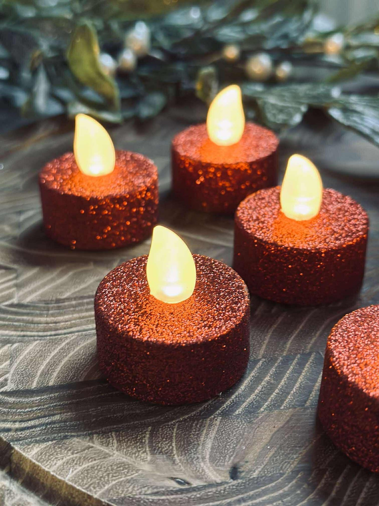 Värmeljus med LED - Röd glitter 6 st.