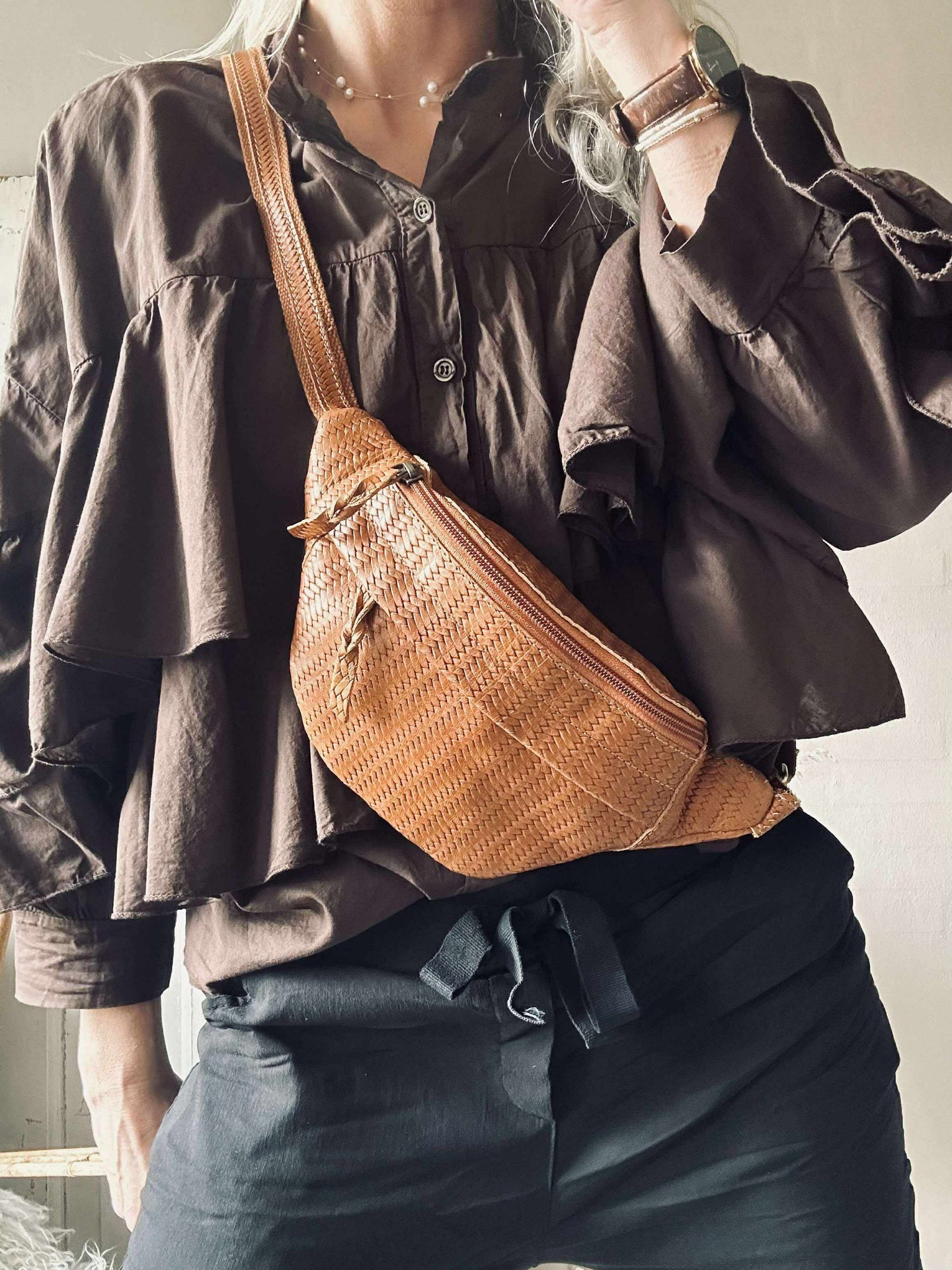 Bumbag Tasha - Cognac flätad