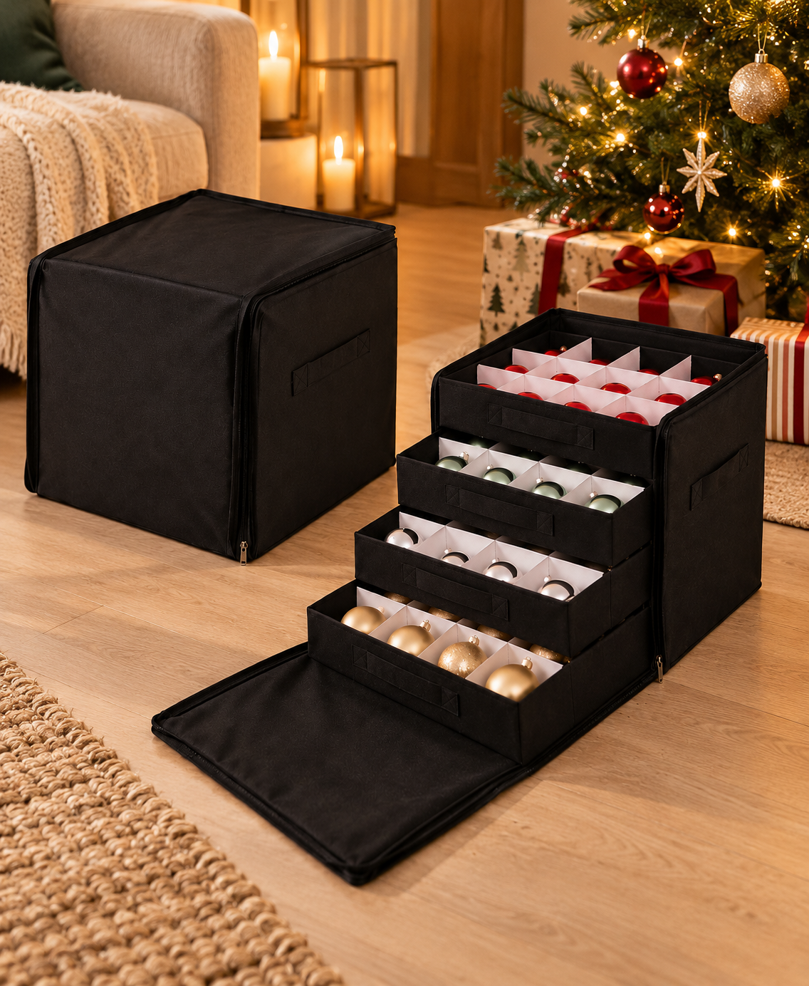 Förvaringsbox med indelade lådor – för julkulor