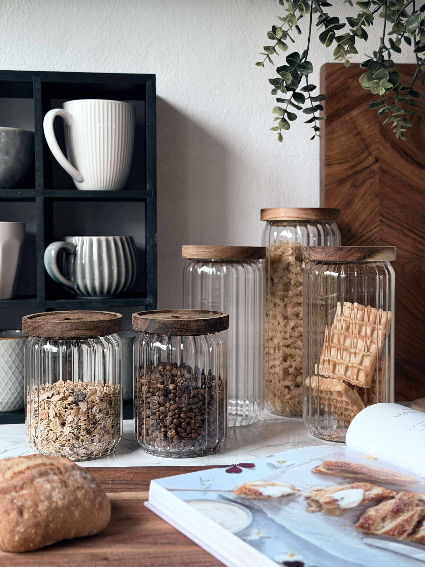 Förvaringsglas med trälock - Set med 5 st.