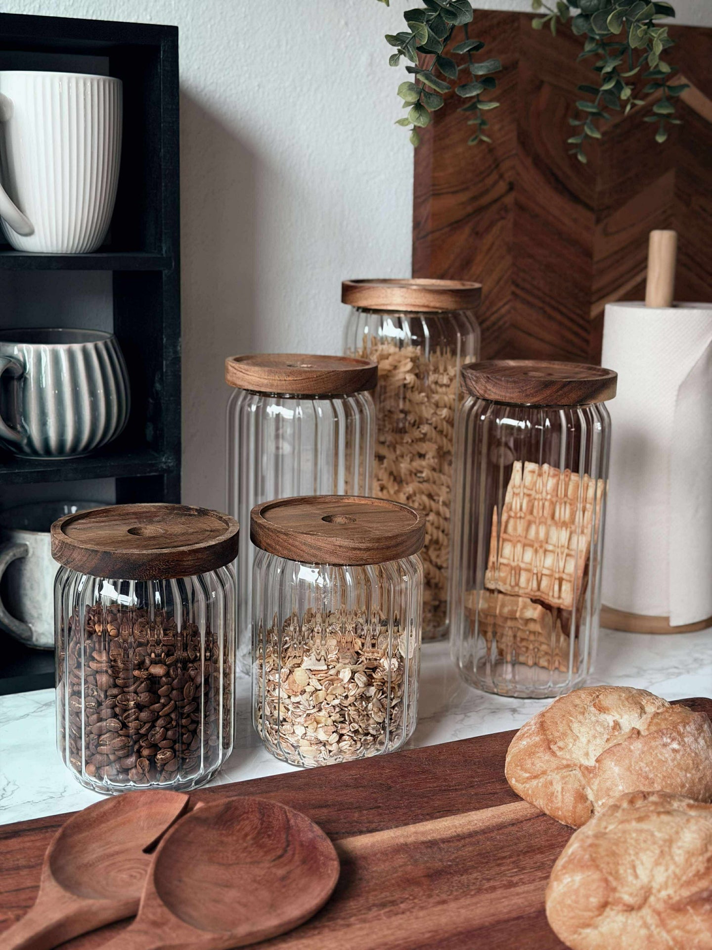 Förvaringsglas med trälock - Set med 5 st.