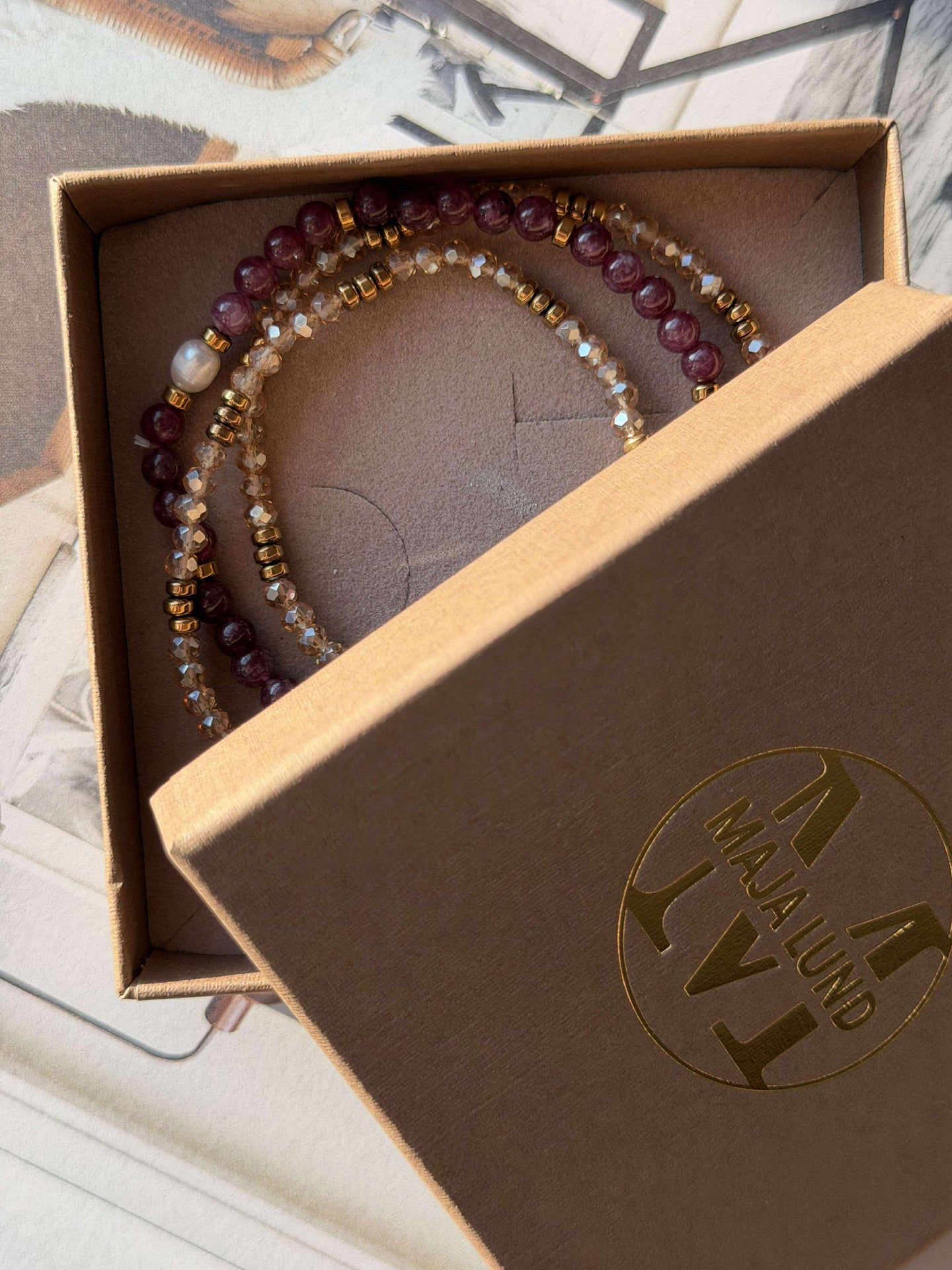 Armband Leah Bordeaux/Natur – Set med 3 st