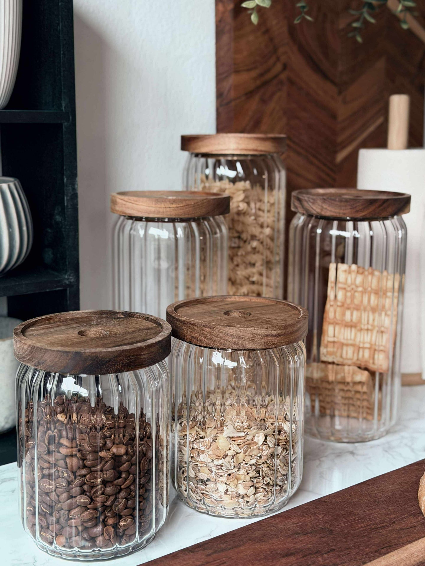 Förvaringsglas med trälock - Set med 5 st.