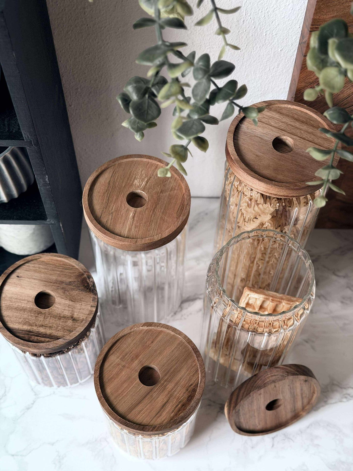 Förvaringsglas med trälock - Set med 5 st.