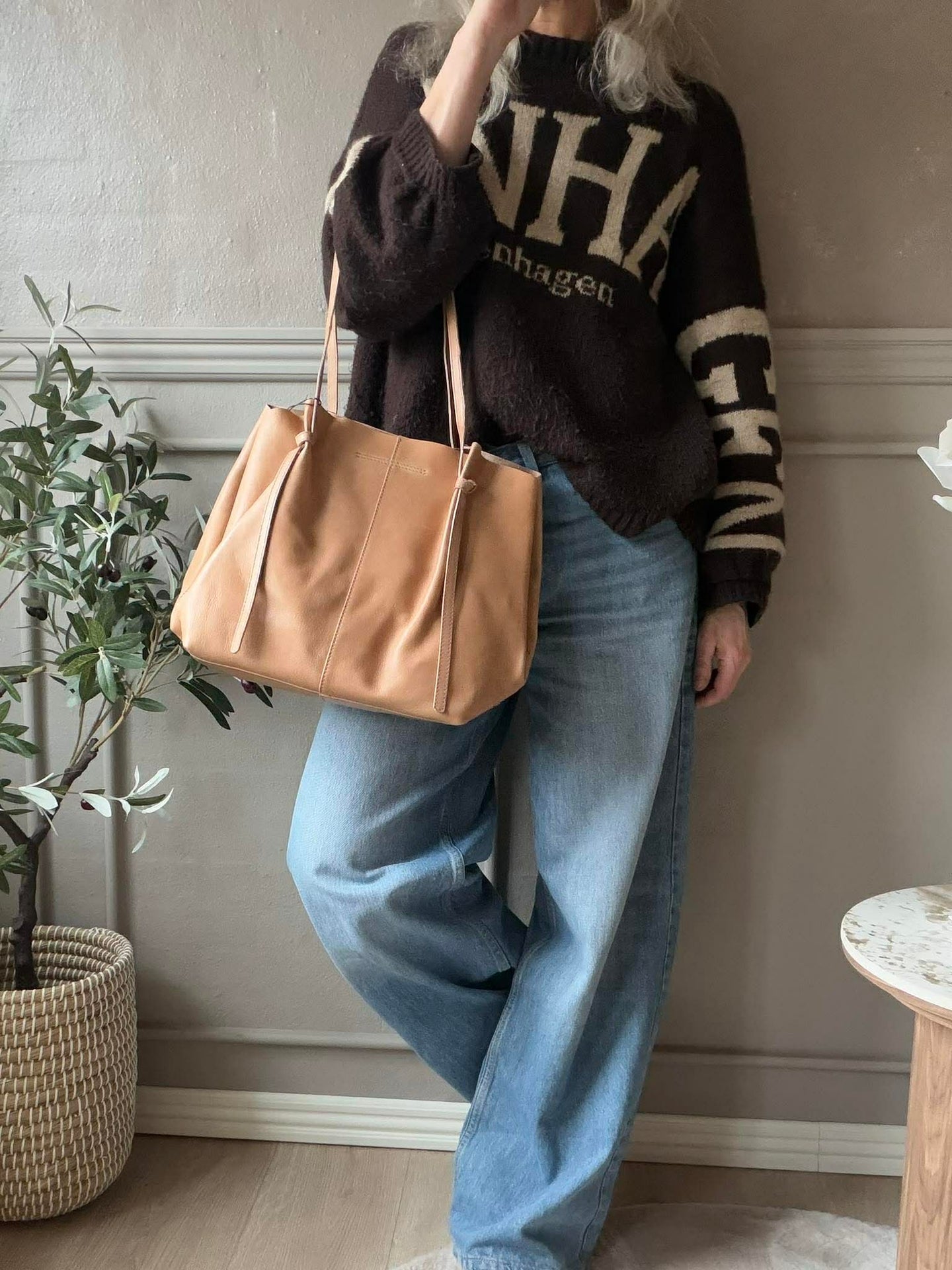 Shopper i mjukt läder - Sand