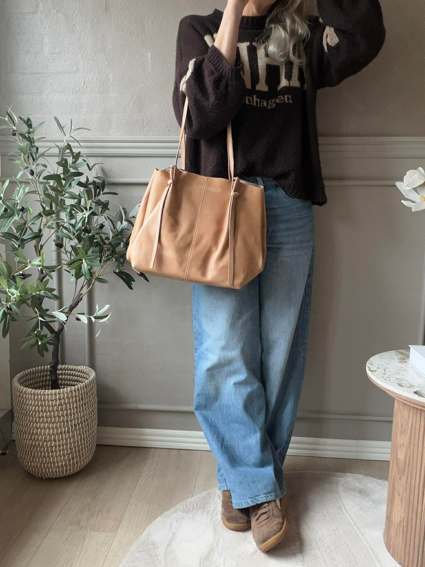 Shopper i mjukt läder - Sand