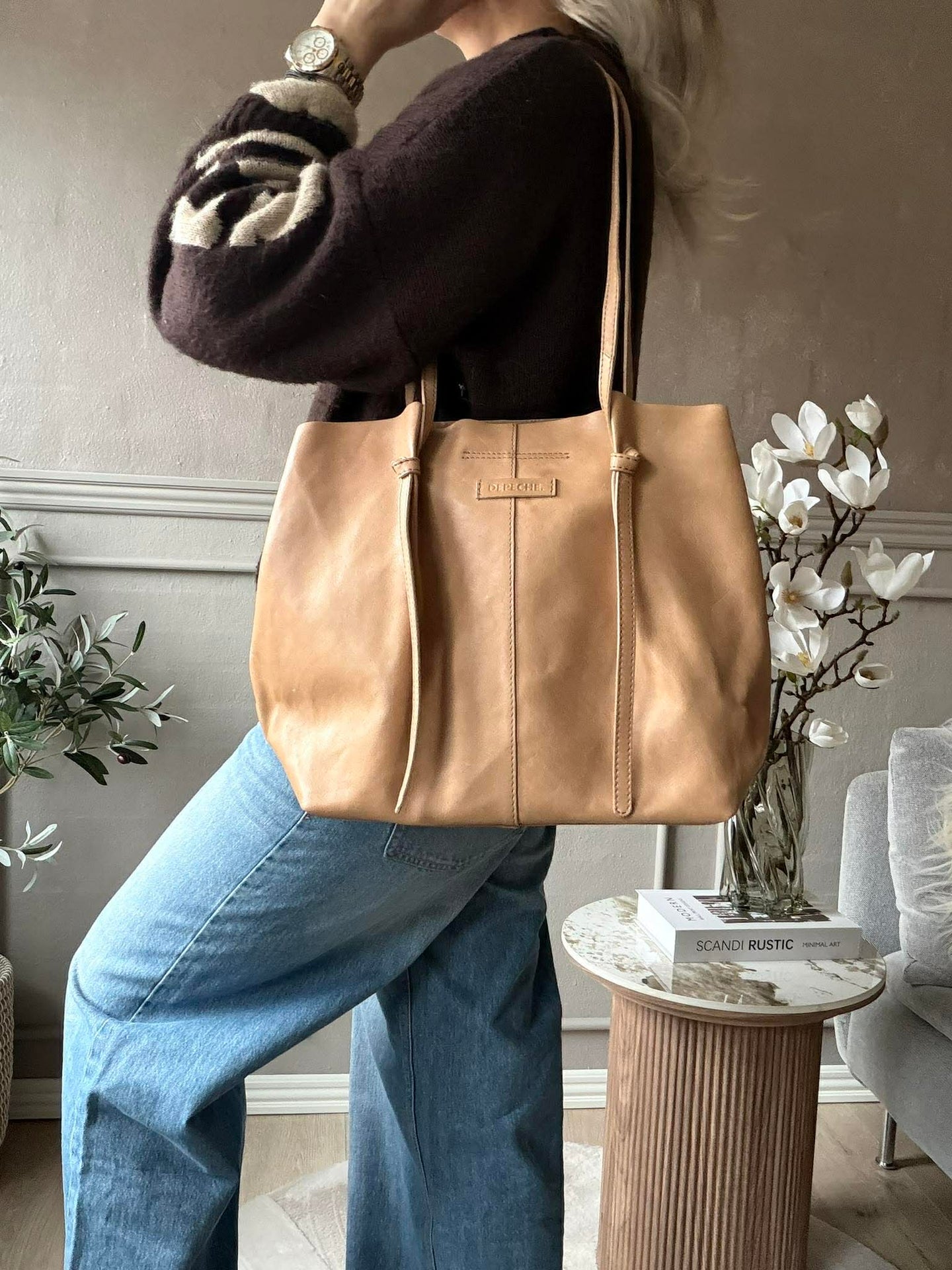 Shopper i mjuk läderkvalitet - Sand