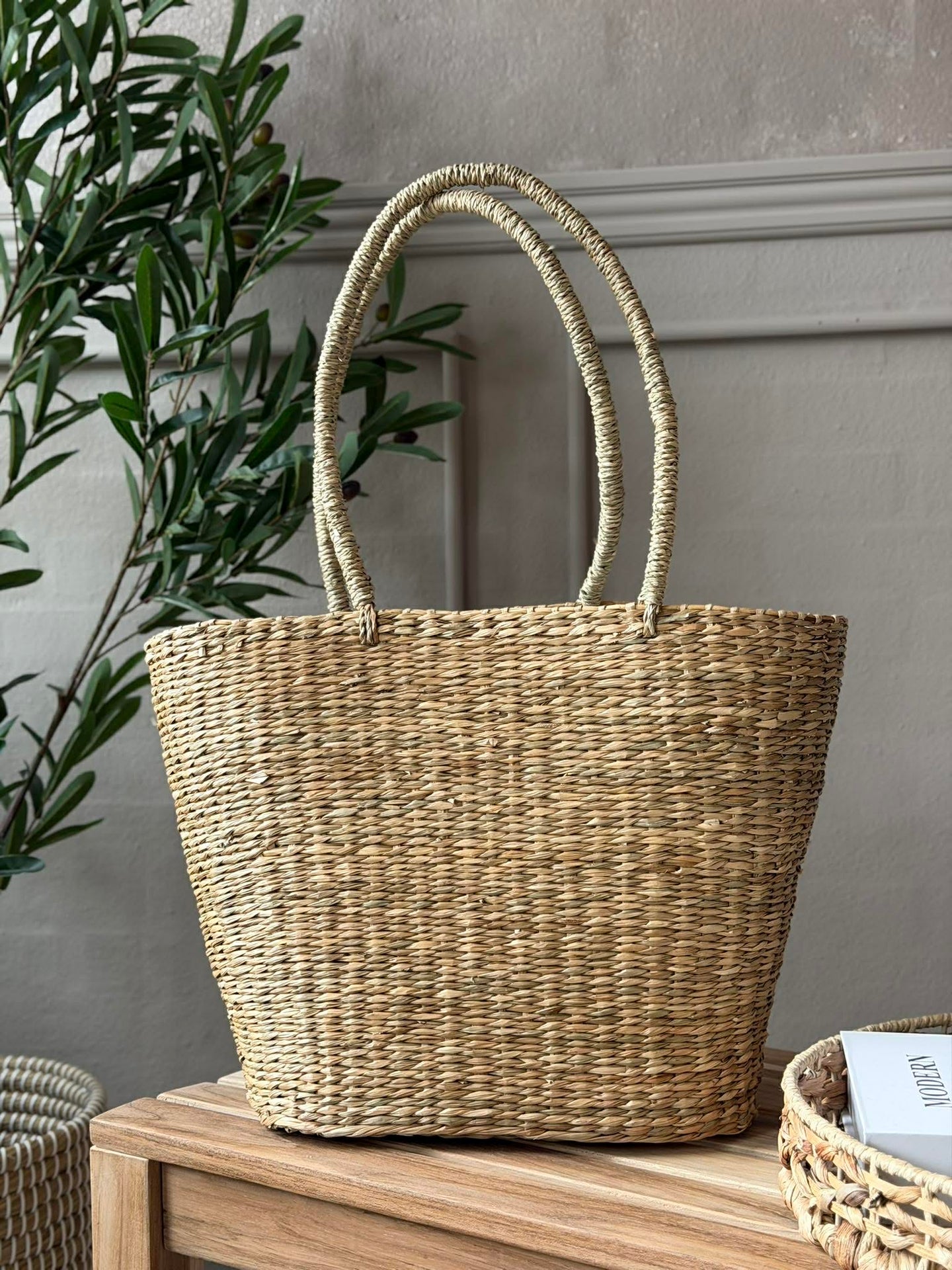 Shopper - sjögräs med kanvas