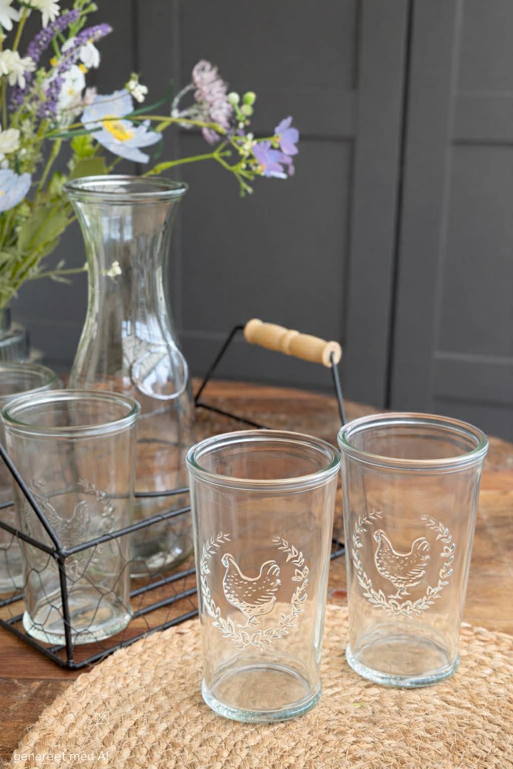 Set med bricka, 4 glas och karaff