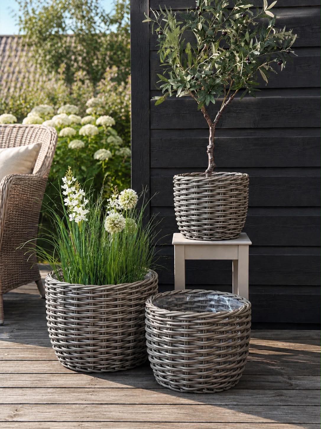 Växtkorgar RATTAN Grå – Set med 3 storlekar