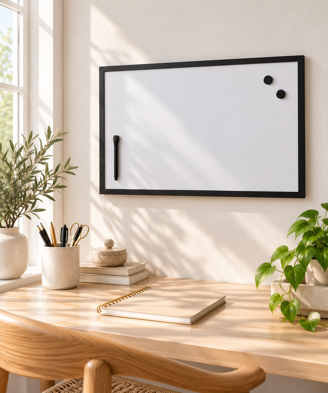Magnetisk whiteboard, svart ram, 40 x 60 cm.