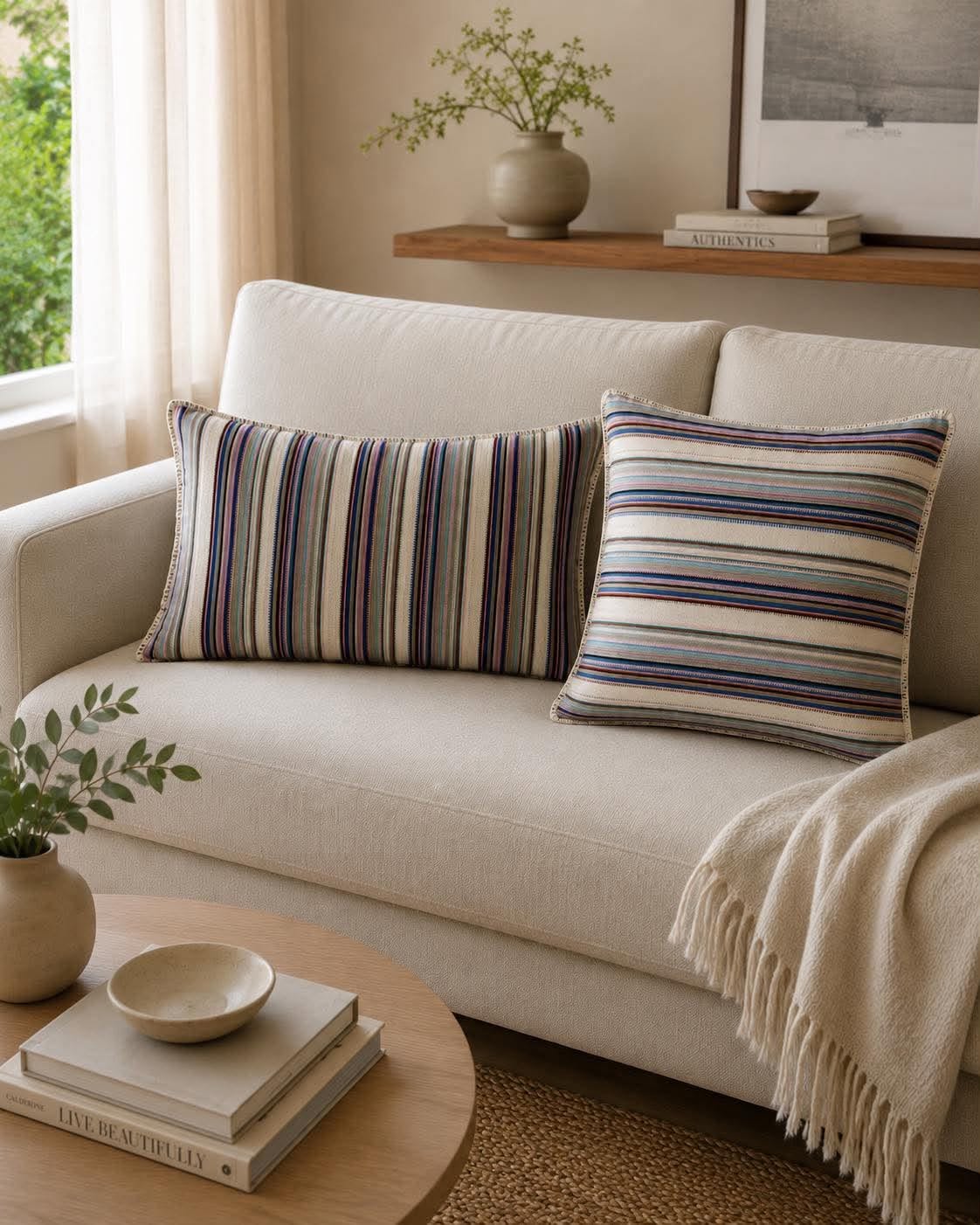 Kudde med stoppning - Multi-randig pastell 45x45