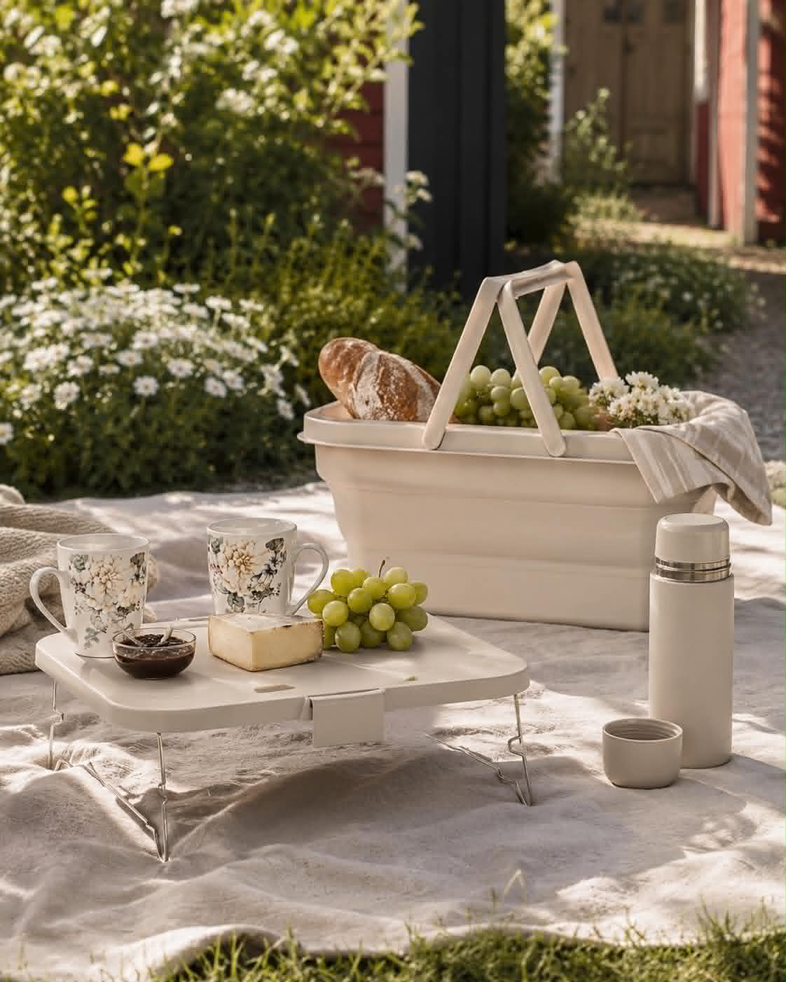 Hopfällbar picknickkorg med lock beige
