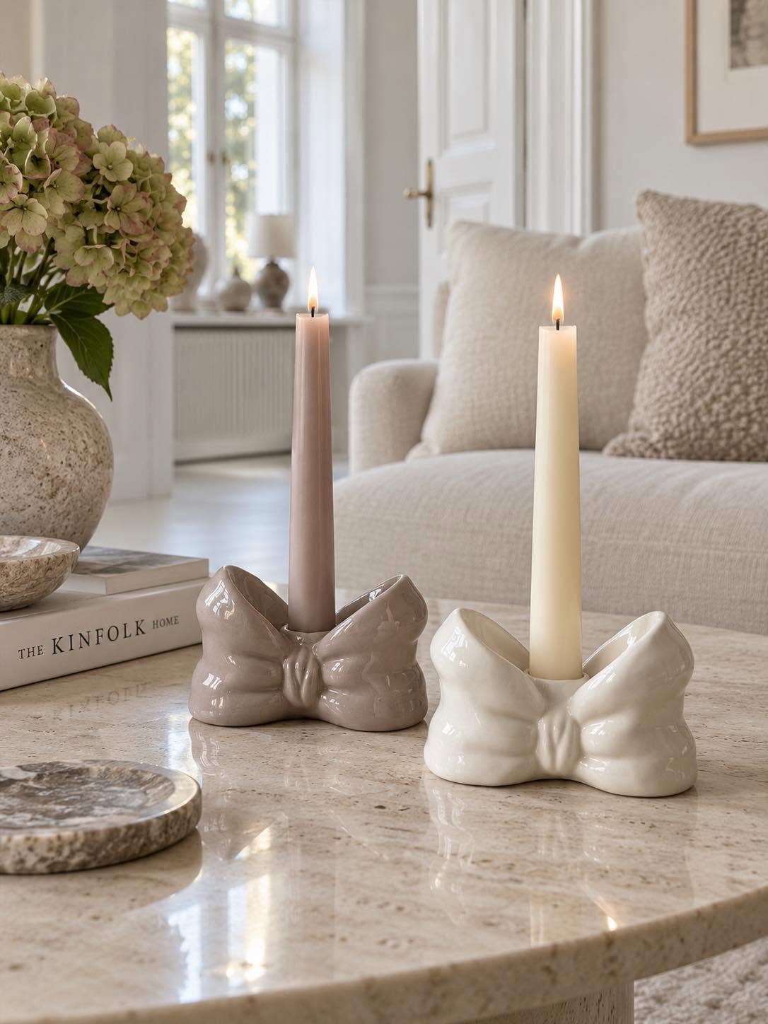 Ljusstake med rosett - Creme