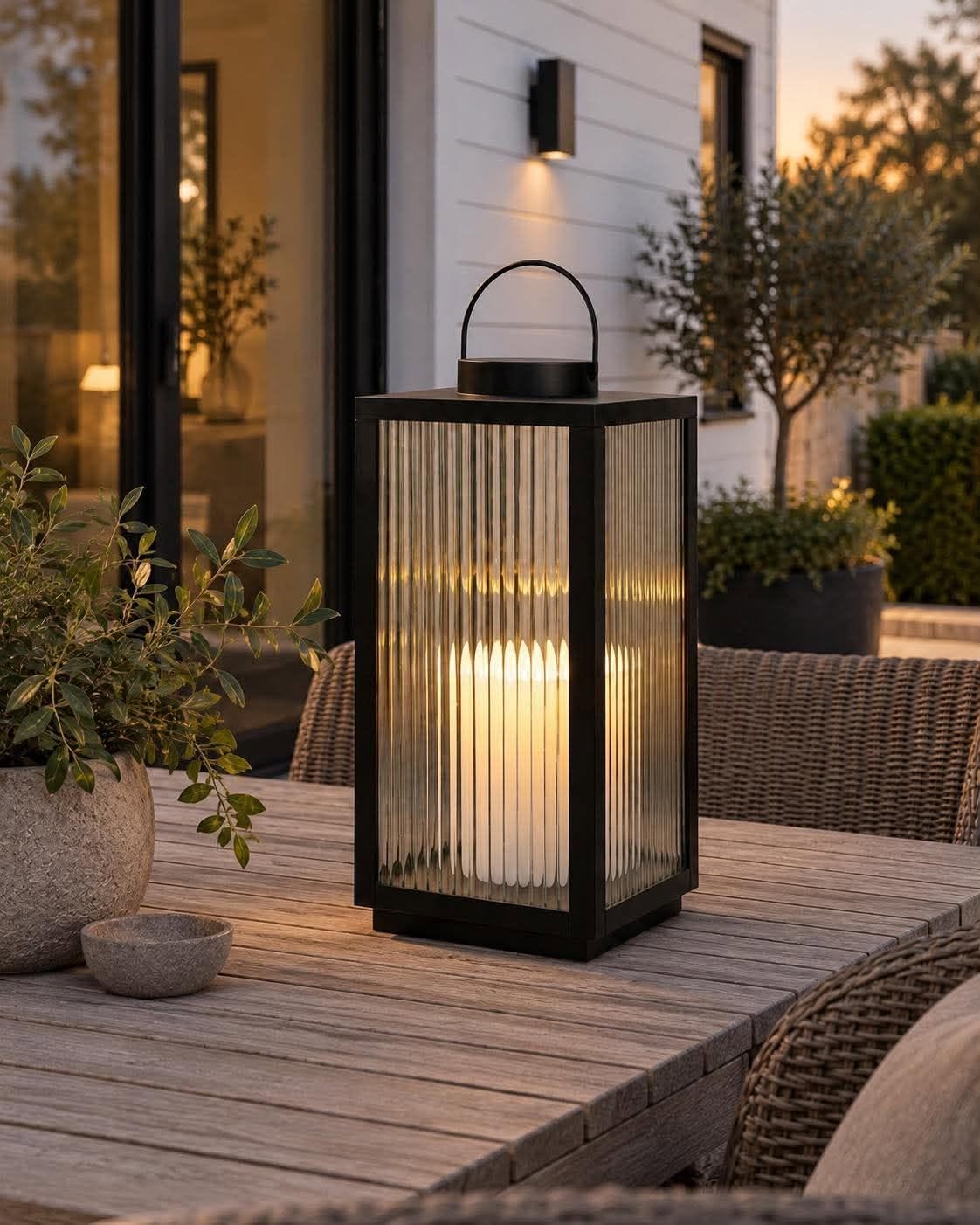 Lykta Nordic med blockljus och timer