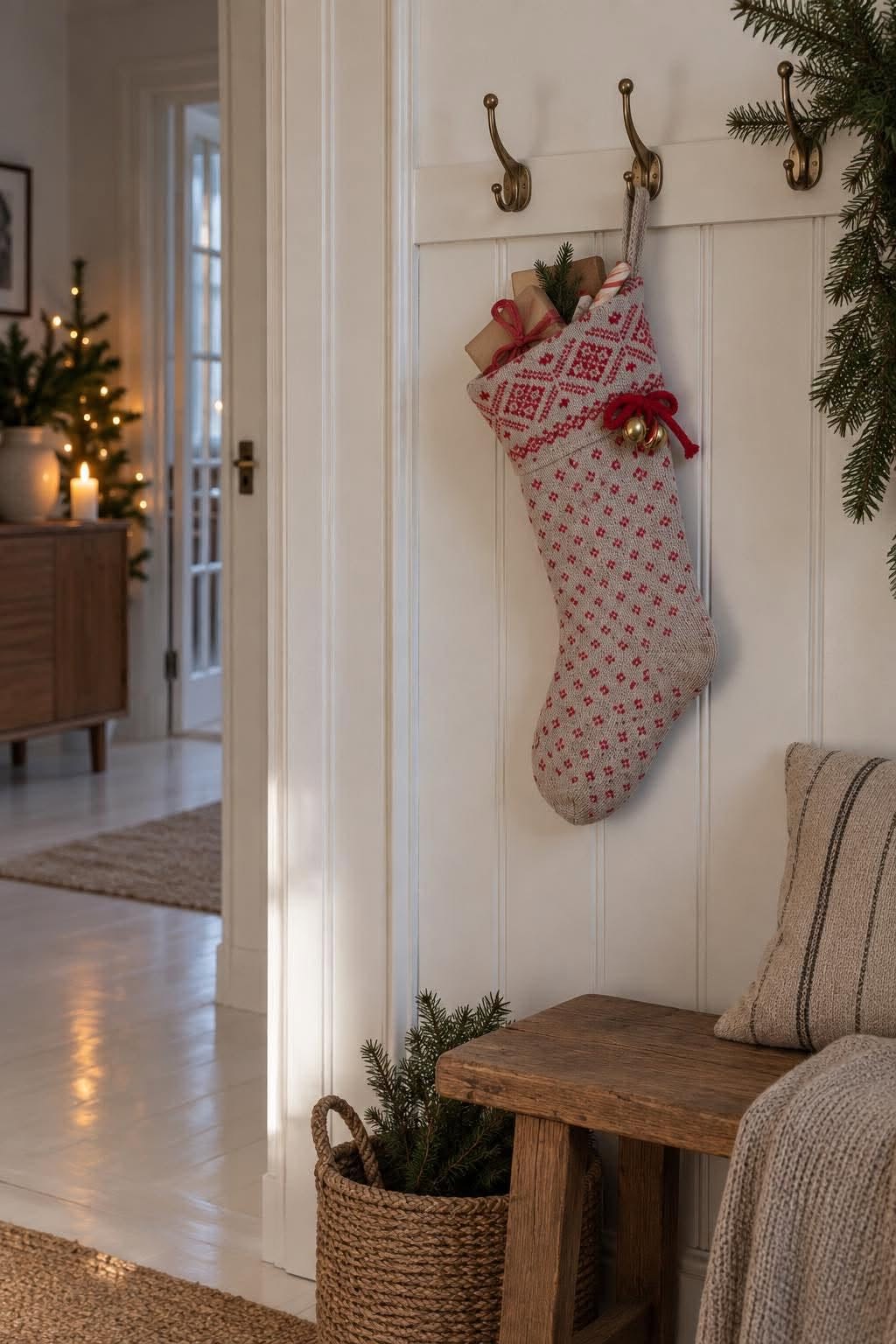 Julstrumpa stickad grå / röd