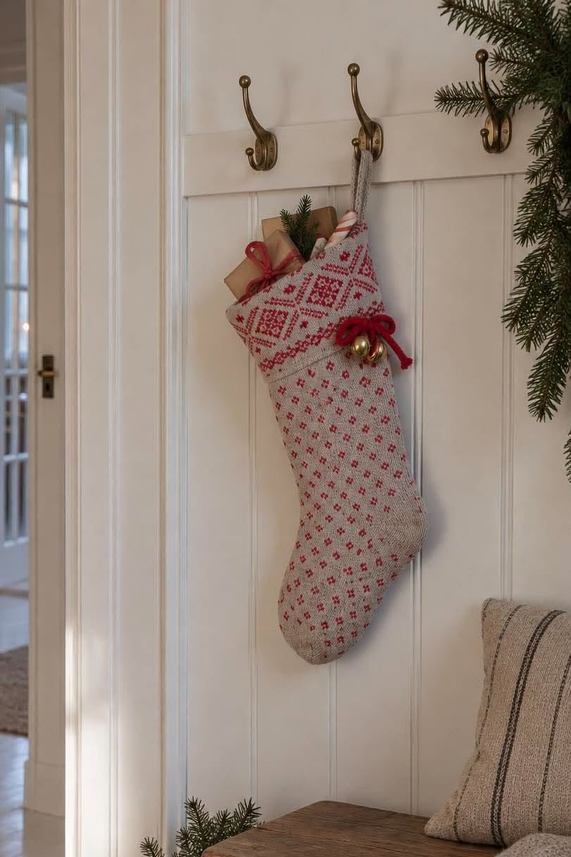 Julstrumpa stickad grå / röd