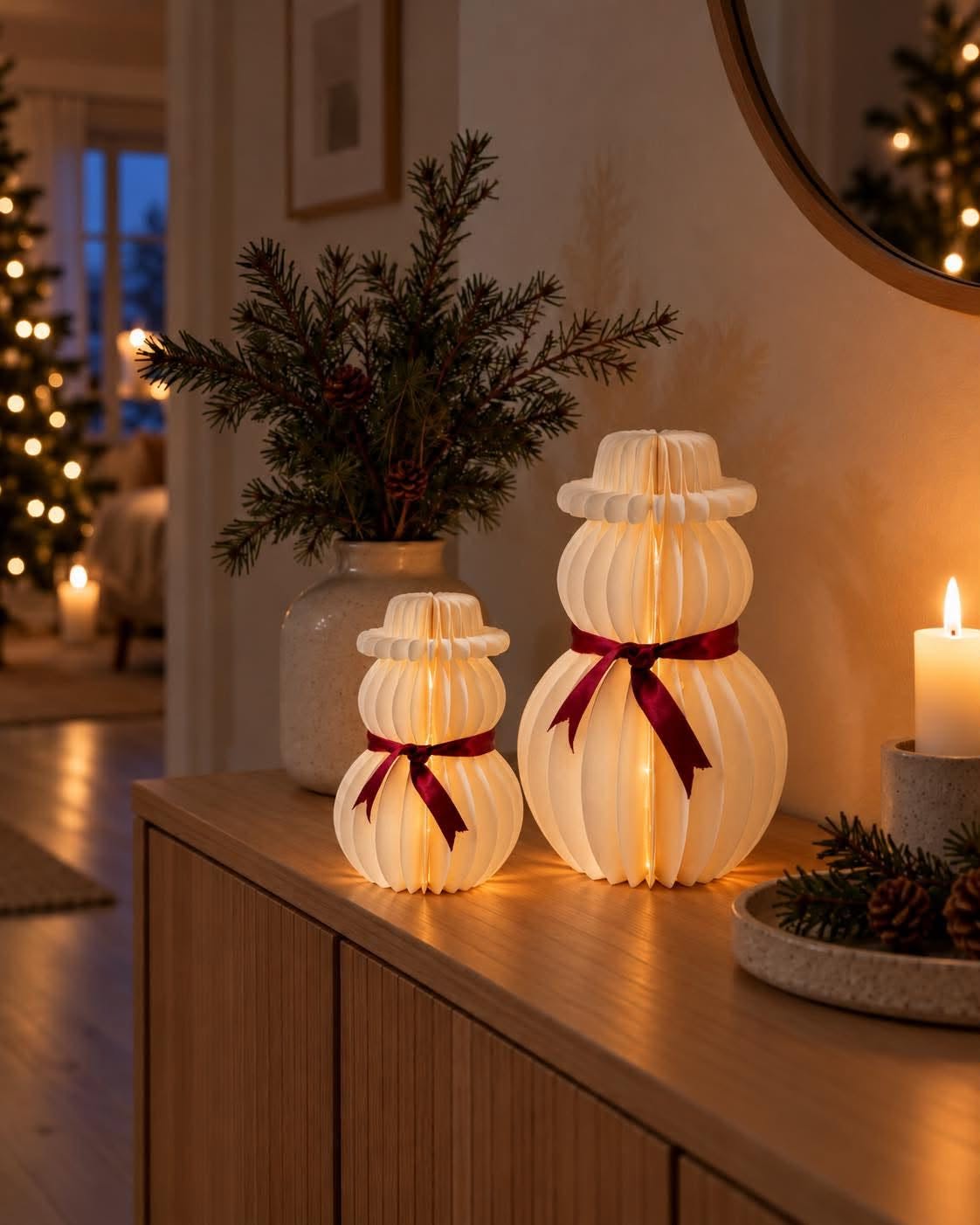 Snögubbe med led-ljus – papper med timer