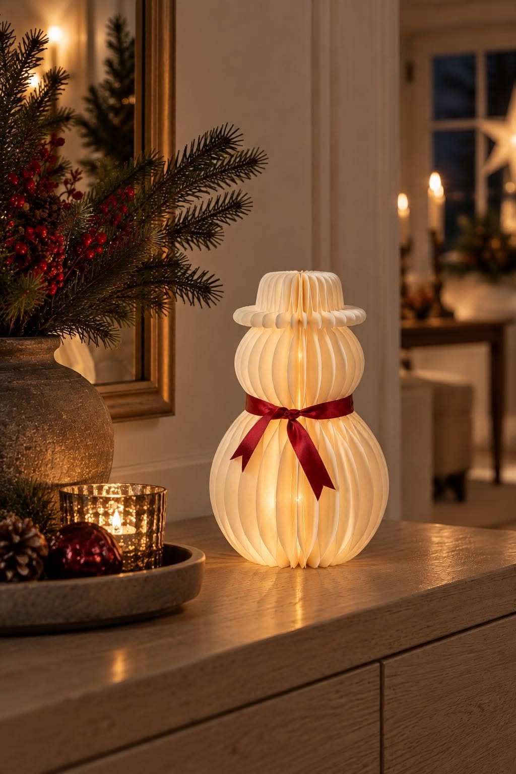 Snögubbe med led-ljus – papper med timer