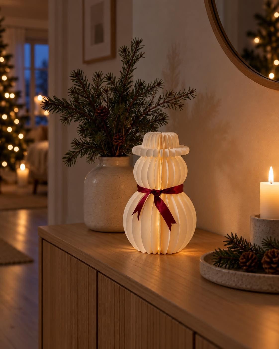 Snögubbe med led-ljus – papper med timer