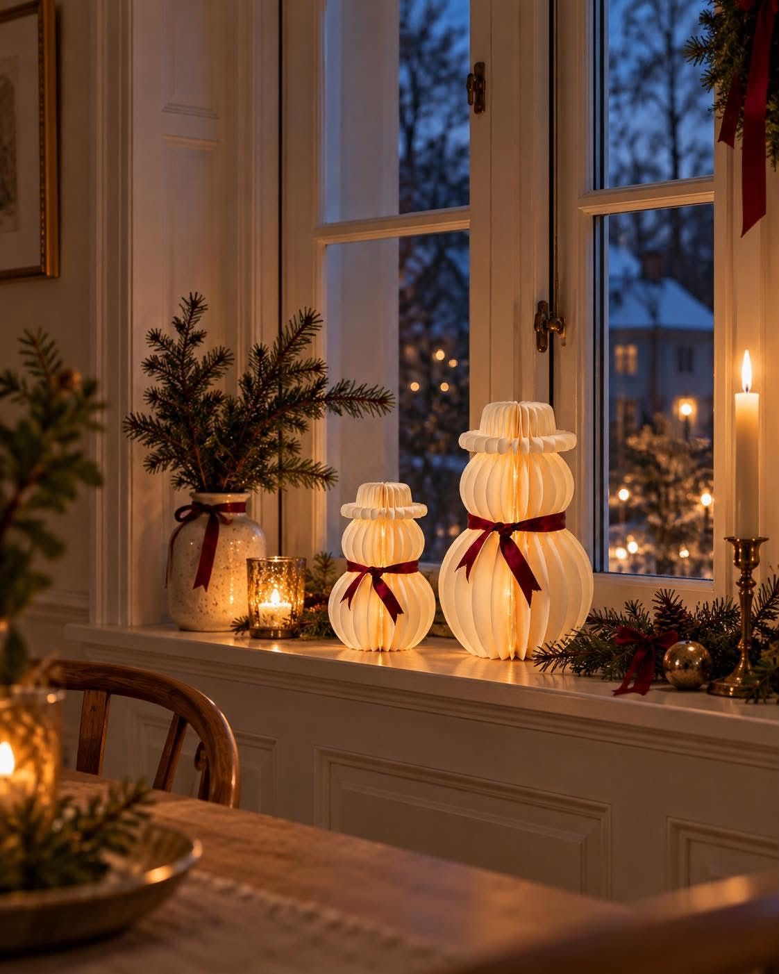 Snögubbe med led-ljus – papper med timer