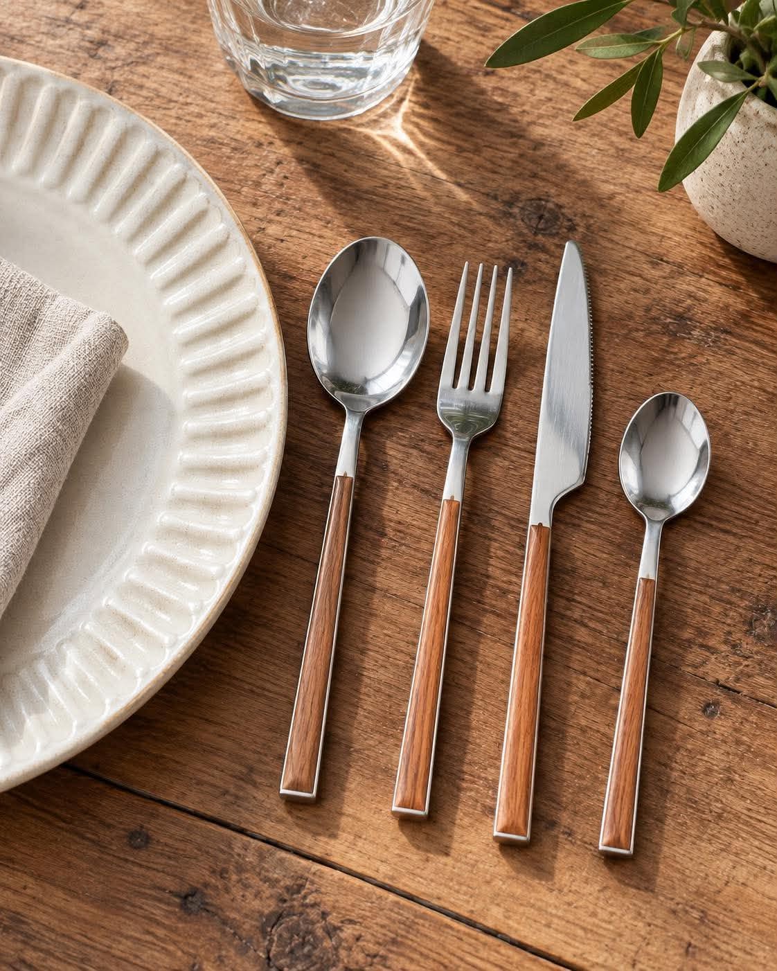 Bestick 16 delar - Rostfritt stål och trälook