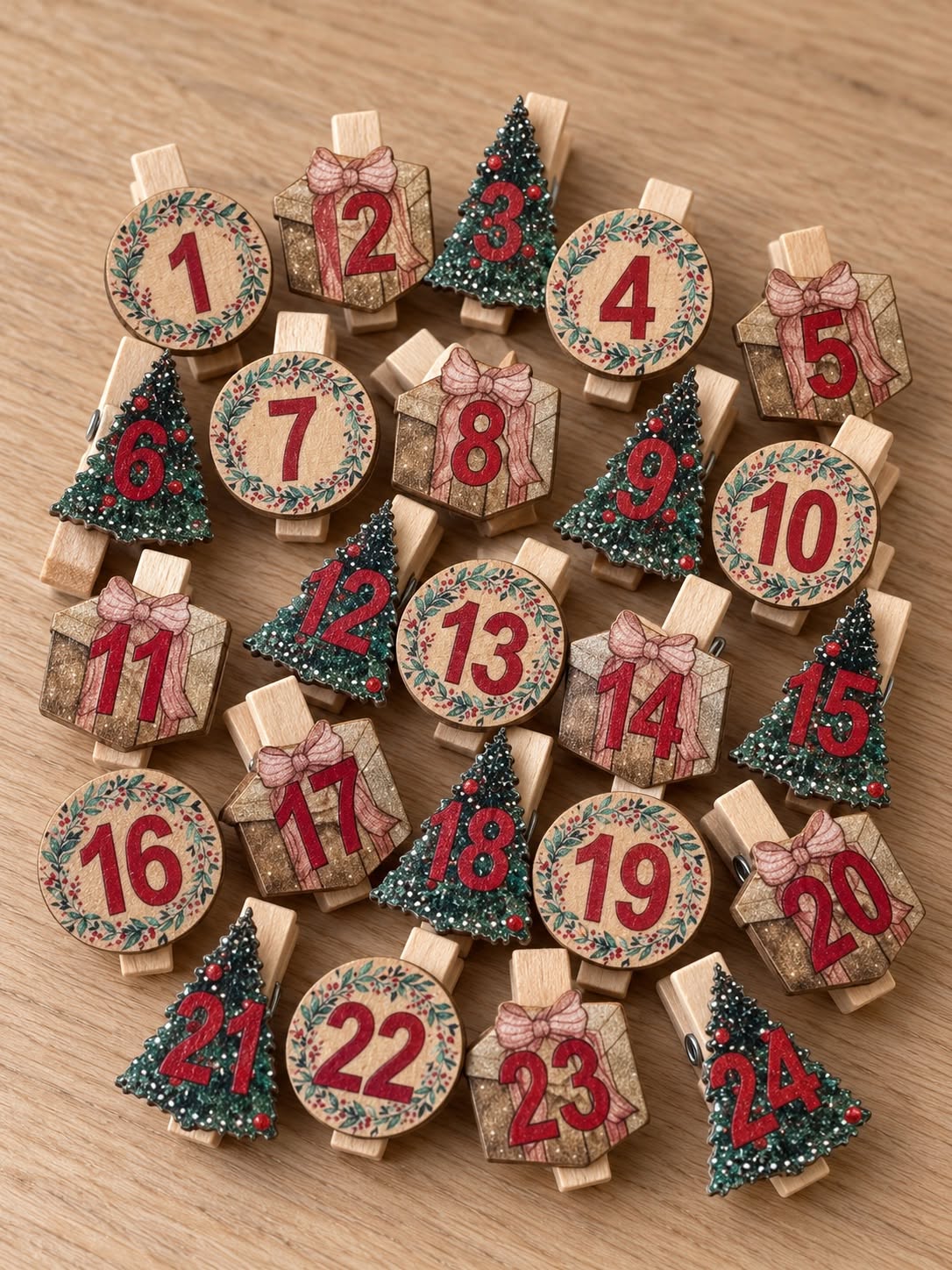 Klämmor till julkalender, 24 st – träklämmor