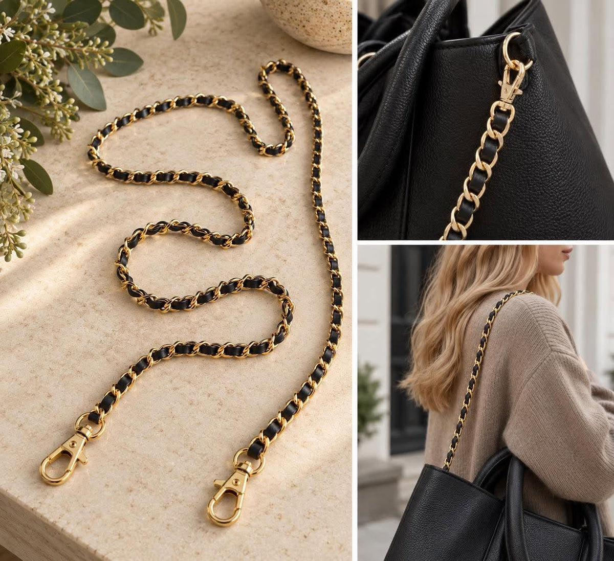 Väskrem kedja med läder - Black/Gold 124cm