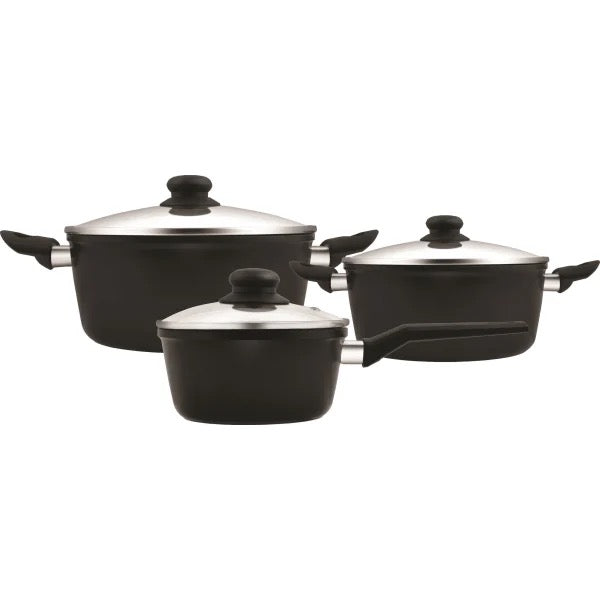 Kastrullset - 3 st med glaslock - Aluminium/keramisk beläggning