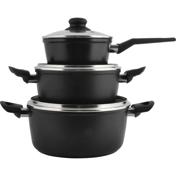 Kastrullset - 3 st med glaslock - Aluminium/keramisk beläggning