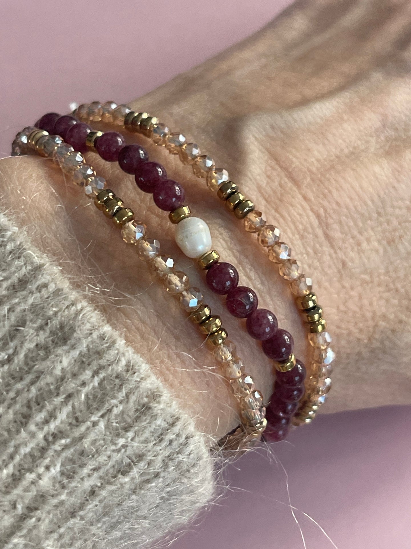Armband Leah Bordeaux/Natur – Set med 3 st