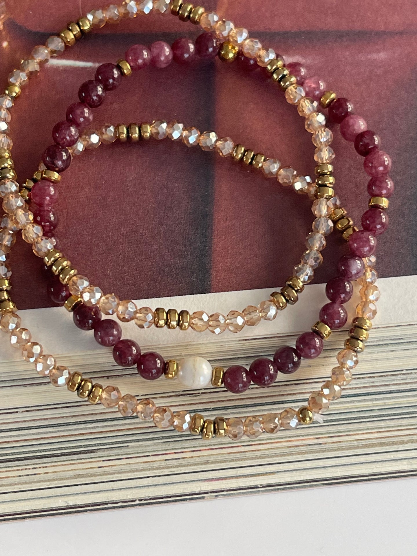 Armband Leah Bordeaux/Natur – Set med 3 st