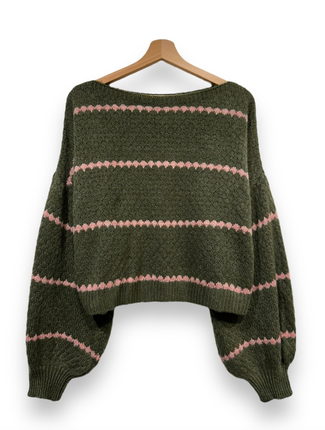 Stickad med ballongärmar - Green / Rose