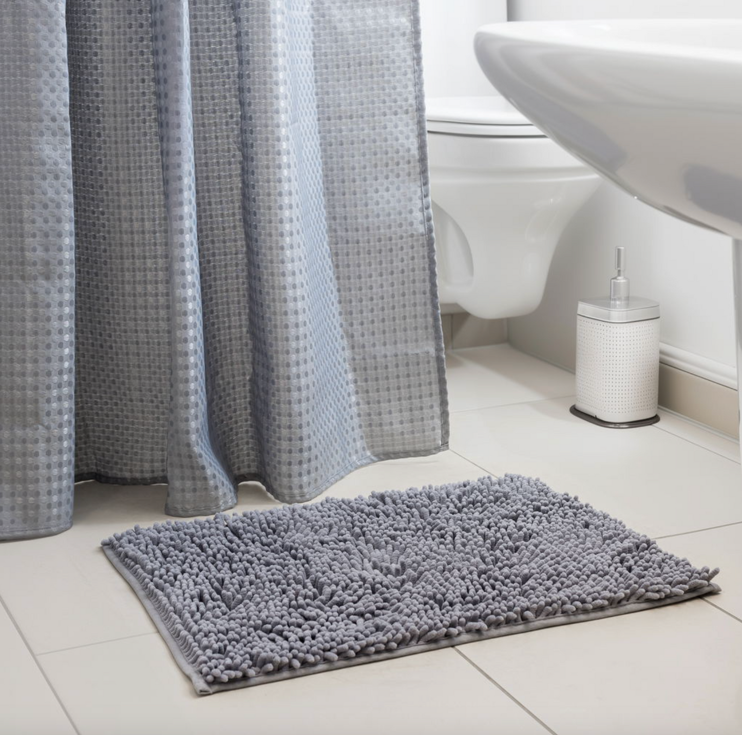 Badrumsset: Duschdraperi & badmatta / Grå