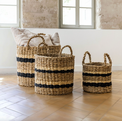 Flätade sjögräskorgar med ränder - Set om 3 st