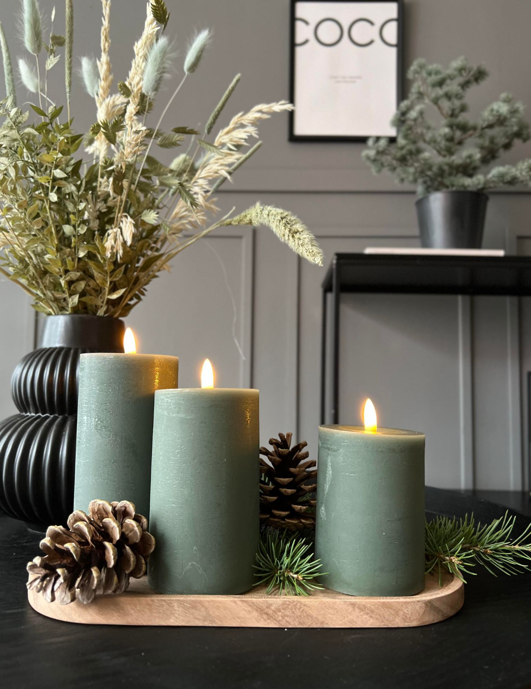 LED-ljus / Mörkgrön – 3 st blockljus