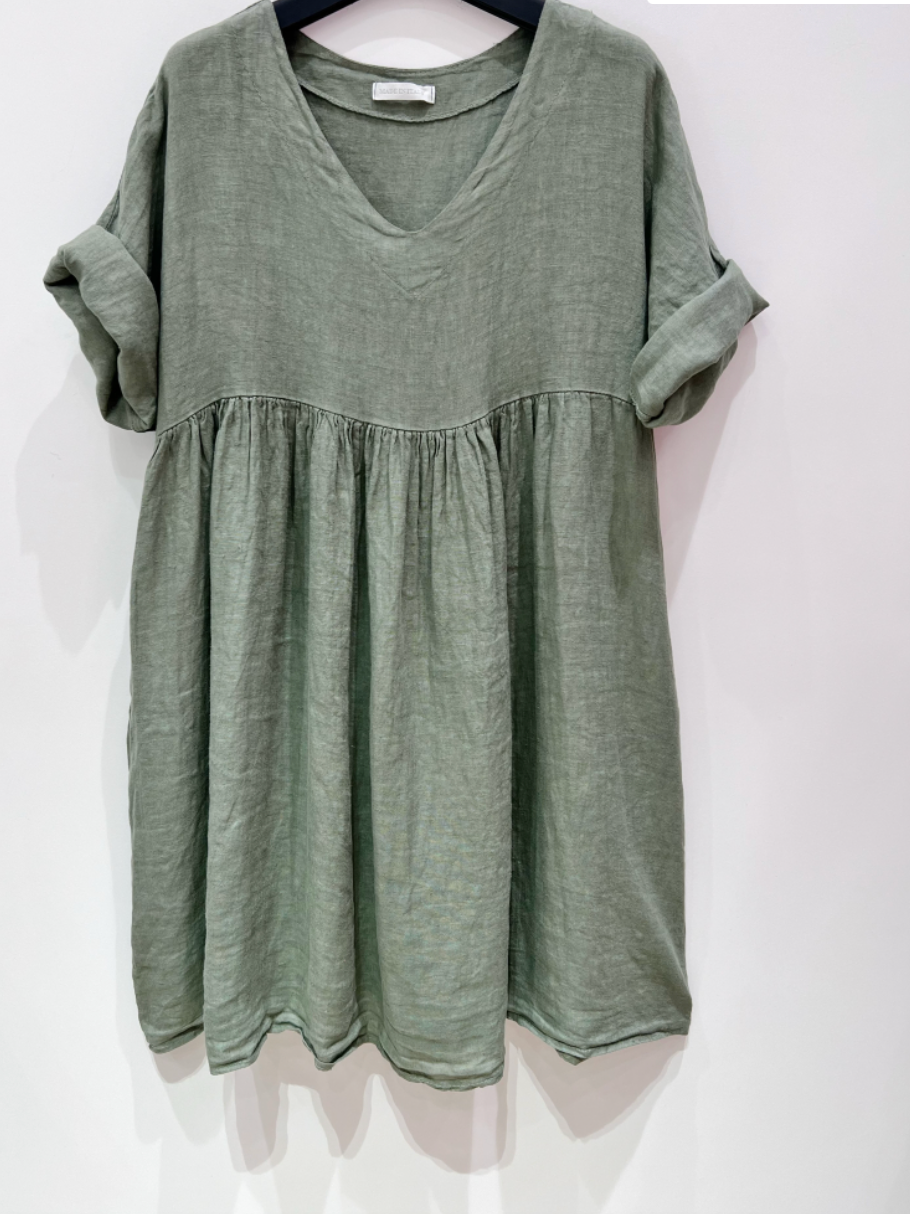 V-neck linneklänning - Dusty green