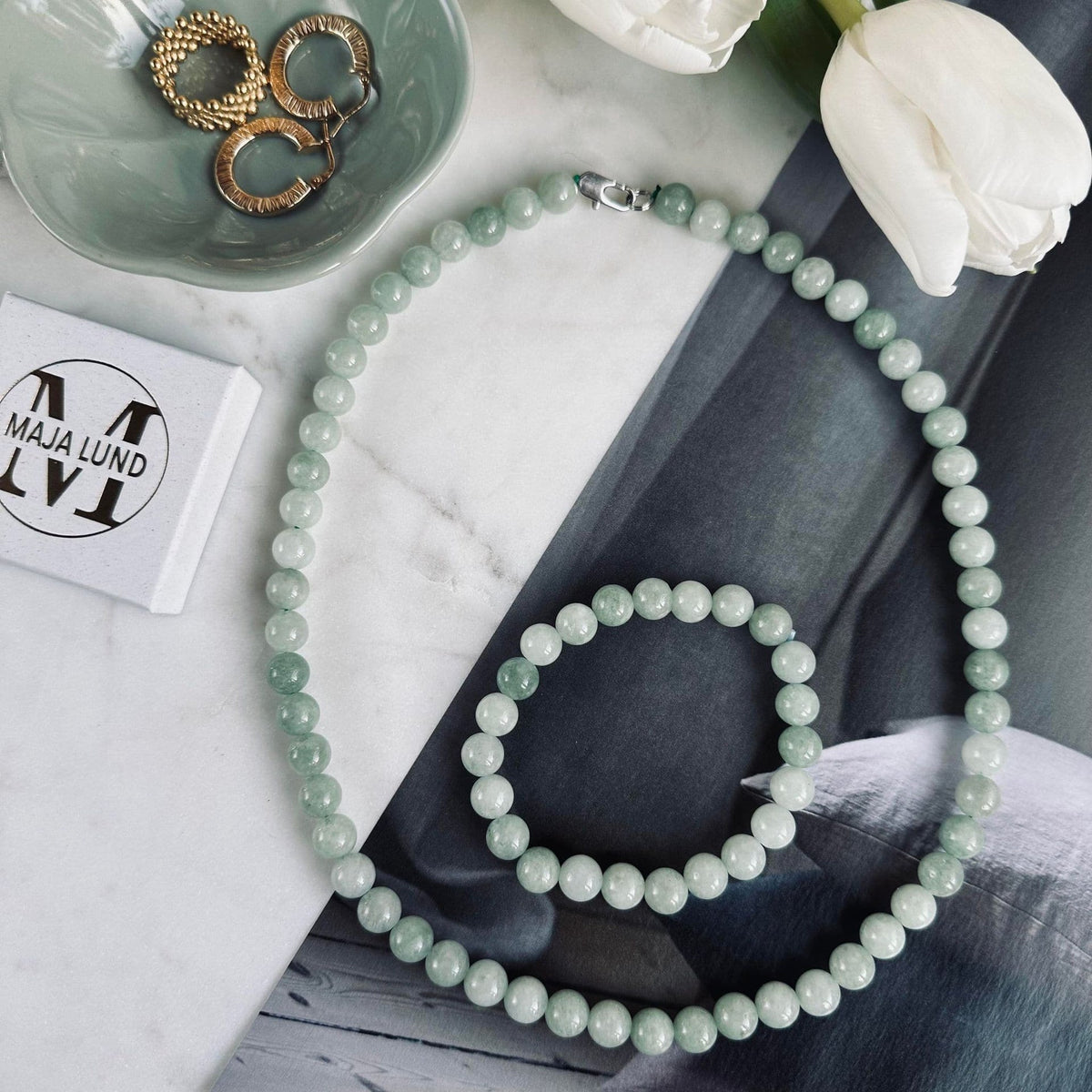 Halsband Mary Jade grönt med runda pärlor och lås