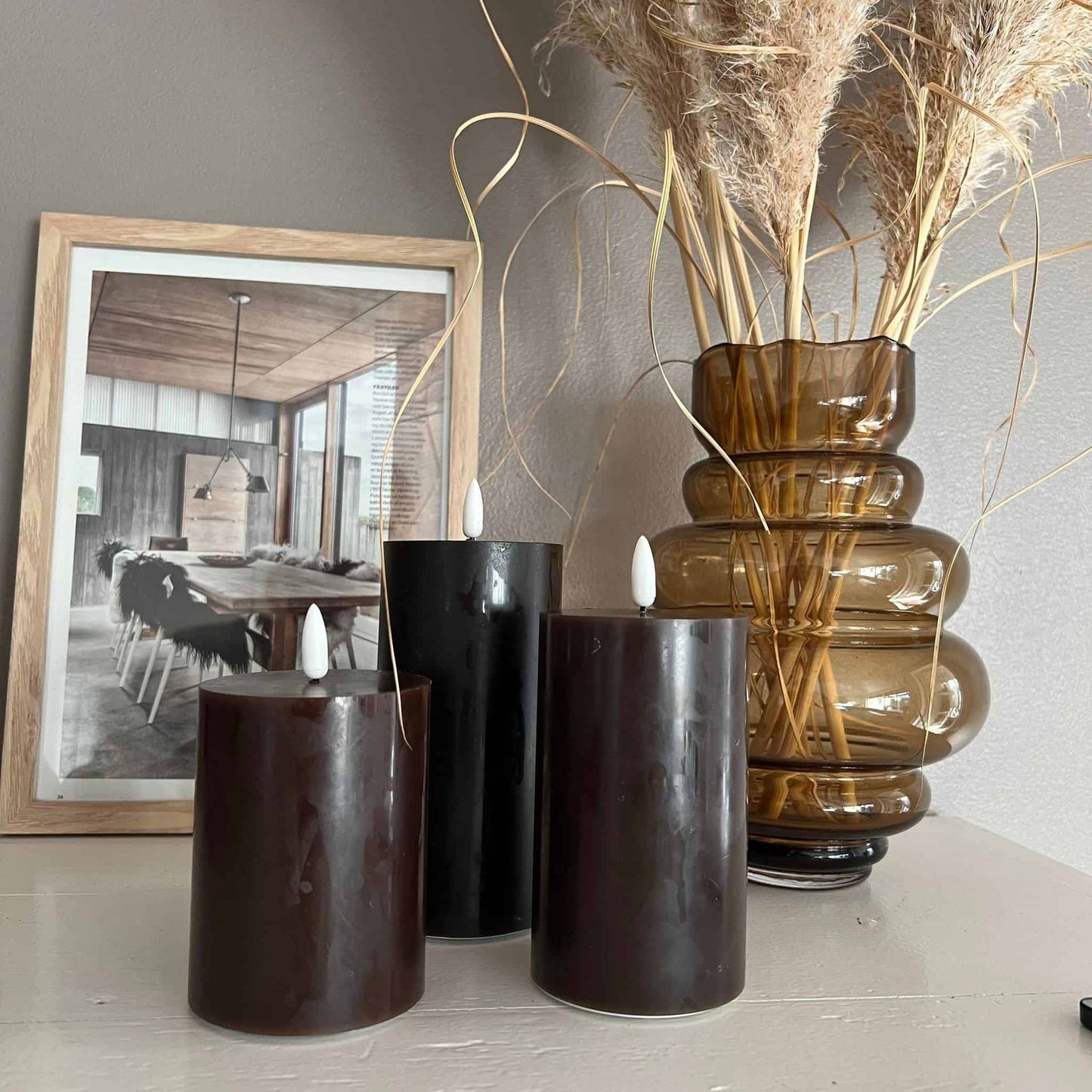 LED Bloklys / Brown – 3 stk. Lys – Inkl. fjernbetjening - VIAMAJA.DK