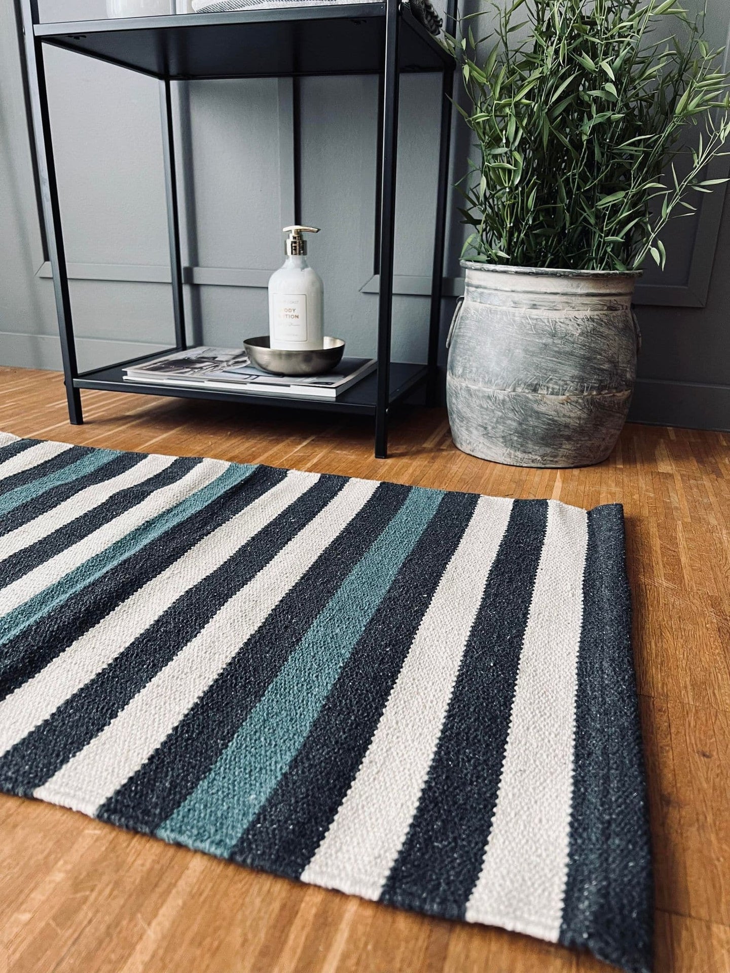 Måtte Recycling strib - 50x80 Grå/aqua/natur - VIAMAJA.DK