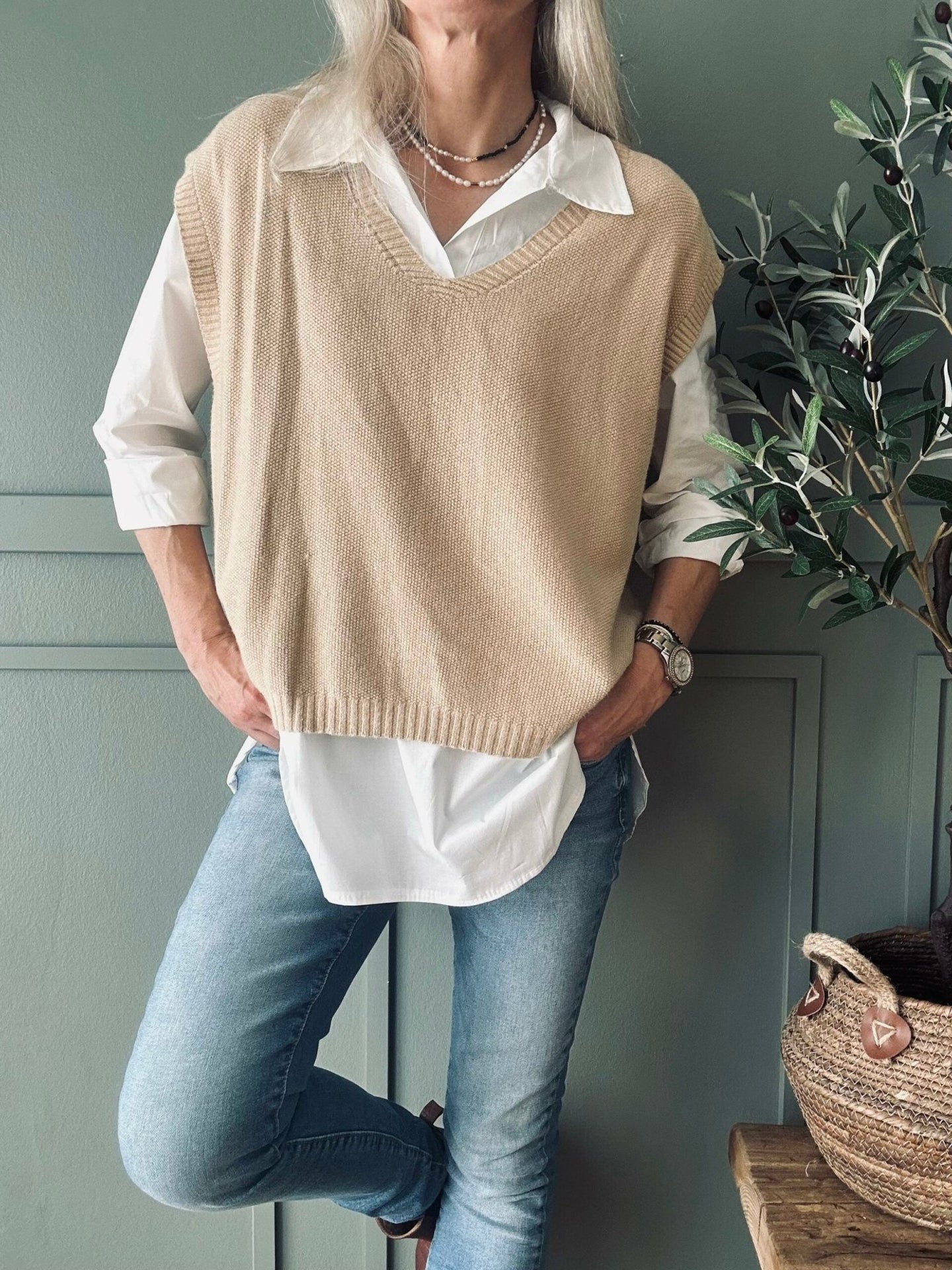 Skjorte med vest – Onesize Norah beige - VIAMAJA.DK
