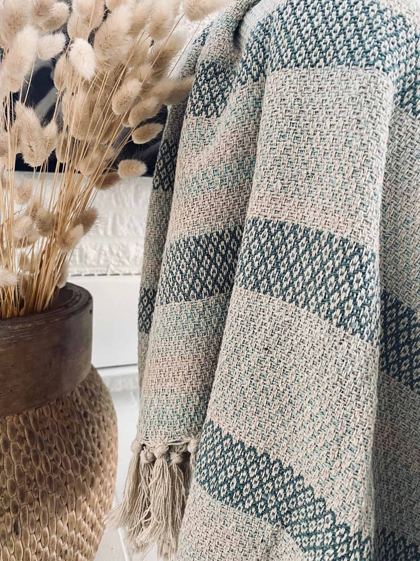 Tæppe genanvendt bomuld – grøn/blå mix - VIAMAJA.DK